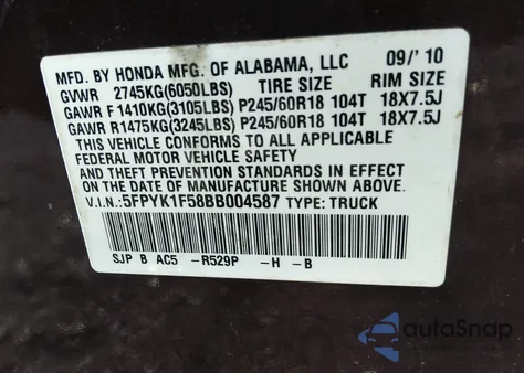 2011 Honda Ridgeline Rtl z USA, uszkodzony, nr VIN 5FPYK1F58BB004587
